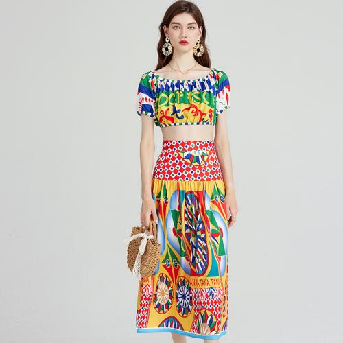 Polyester Two-Piece Dress Set midriff-baring & two piece & breathable printed multi-colored Set