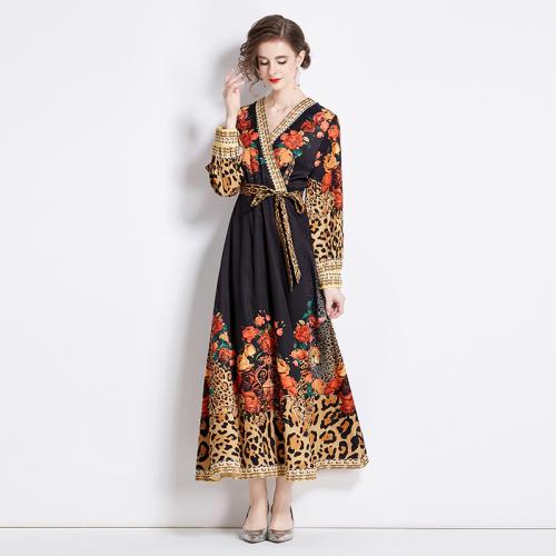 Polyester Soft & long style & High Waist One-piece Dress printed floral black PC