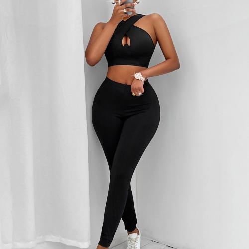 Polyester Women Casual Set midriff-baring & hollow Long Trousers & tank top patchwork Solid black Set