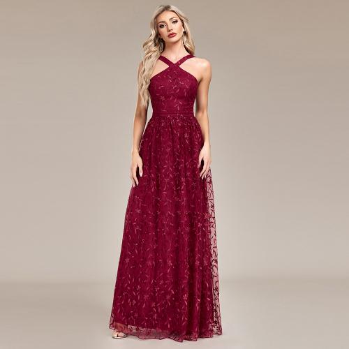 Polyester Slim Long Evening Dress backless embroidered wine red PC