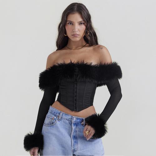 Polyester Slim Women Long Sleeve Blouses midriff-baring & off shoulder Solid PC
