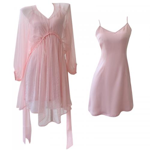 Polyester Slim Two-Piece Dress Set patchwork Solid pink Set