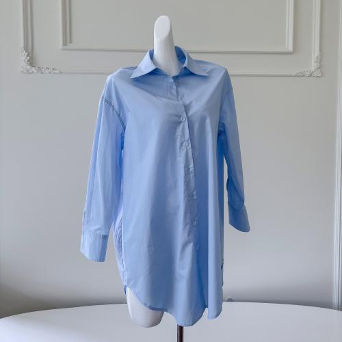 綿 女性長袖シャツ パッチワーク 単色 青 一つ