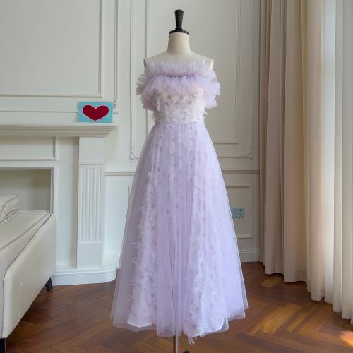 ポリアミド & ポリエステル ロングイブニングドレス 刺繍 紫 一つ