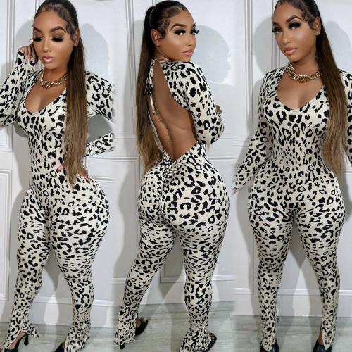 Polyester Long Jumpsuit & skinny & hollow printed leopard PC