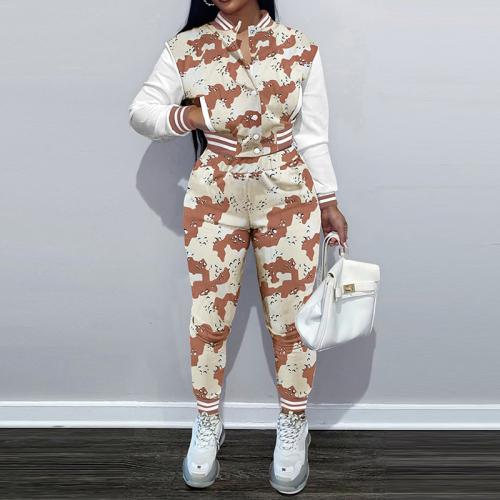 Spandex & Polyester Women Casual Set & two piece Pants & coat printed camouflage multi-colored Set