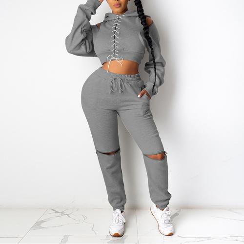 Spandex & Polyester Women Casual Set midriff-baring & two piece & off shoulder Sweatshirt & Pants patchwork Solid Set