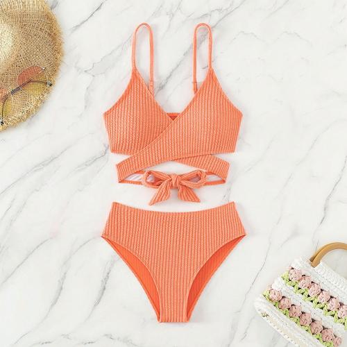 Polyester Lace Up Bikini deep V & two piece Solid orange Set