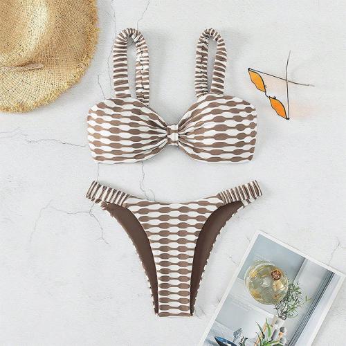 Polyester Bikini & two piece & off shoulder printed khaki Set