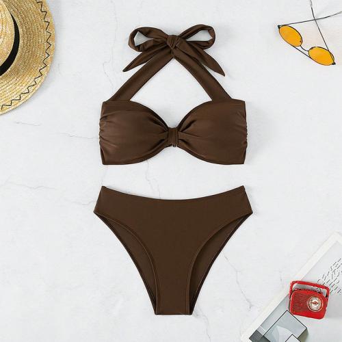 Polyester Quick Dry Bikini flexible & two piece Solid brown Set