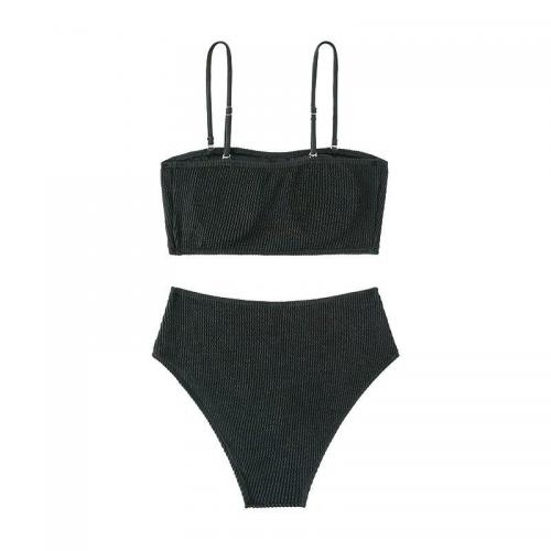 Polyester Tankinis Set & two piece & breathable Solid black Set