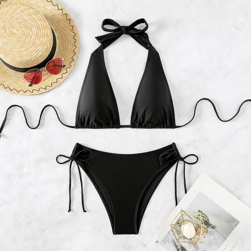 Polyester Bikini & two piece & breathable Solid black Set