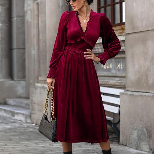 Velour Waist-controlled & Soft & long style One-piece Dress Solid red PC