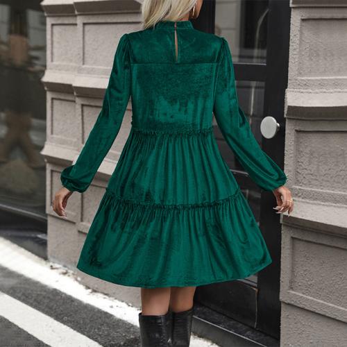 Velour scallop & Soft One-piece Dress & loose Solid green PC