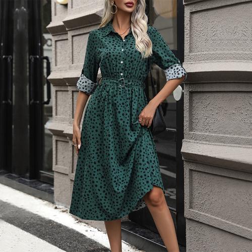 Polyester Waist-controlled & Soft One-piece Dress & loose printed leopard green PC