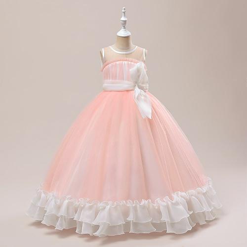 Polyester Princess Girl One-piece Dress large hem design Solid pink PC