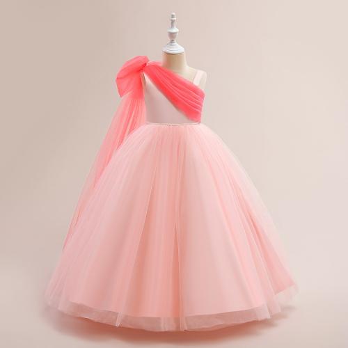 Polyester Girl One-piece Dress Cute & large hem design & off shoulder Solid pink PC