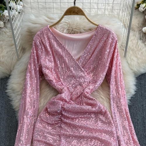 Sequin & Polyester Waist-controlled Sexy Package Hip Dresses deep V patchwork PC