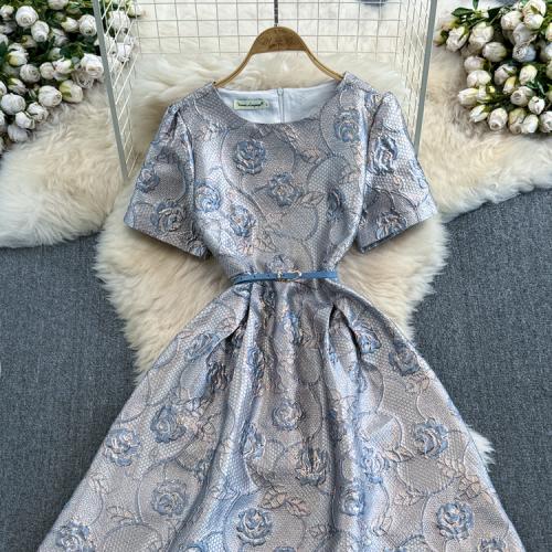 Polyester Slim & High Waist One-piece Dress jacquard floral light blue PC