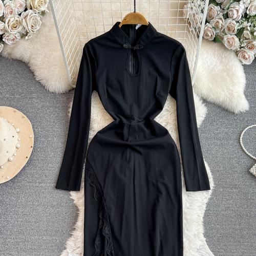 Polyester Waist-controlled & Slim One-piece Dress side slit black PC