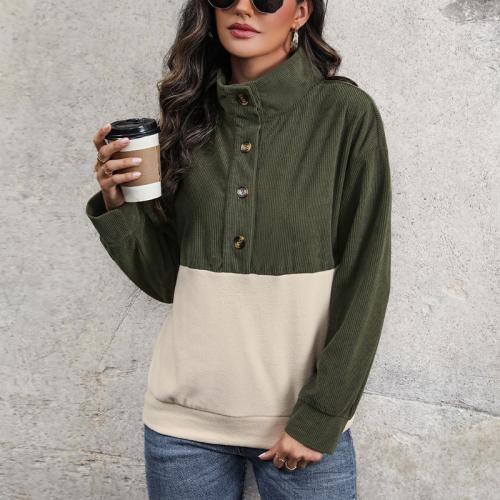 Corduroy & Polyester Soft Women Sweatshirts & loose & thermal Solid army green PC