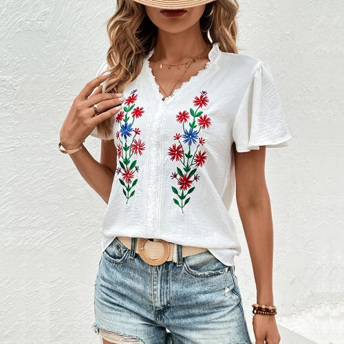 Polyester lace Women Short Sleeve Shirt & breathable printed floral white PC