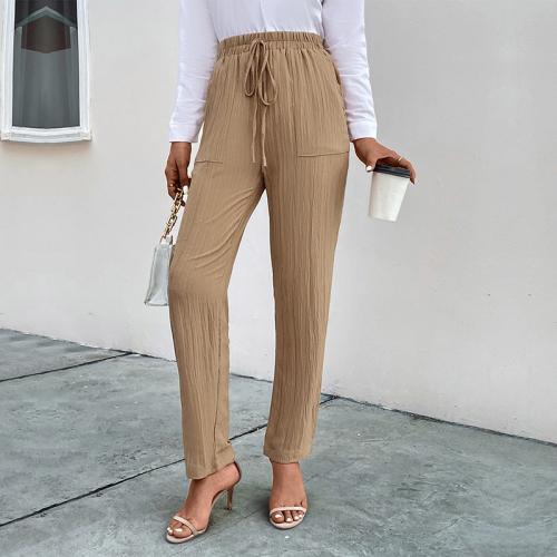 Polyester High Waist Women Long Trousers flexible Solid khaki PC