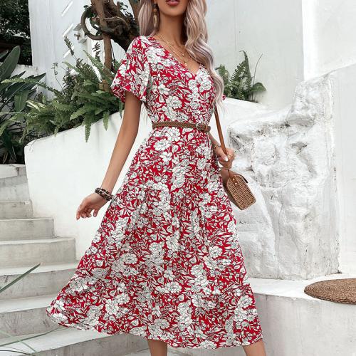 Polyester Waist-controlled One-piece Dress slimming printed shivering red PC