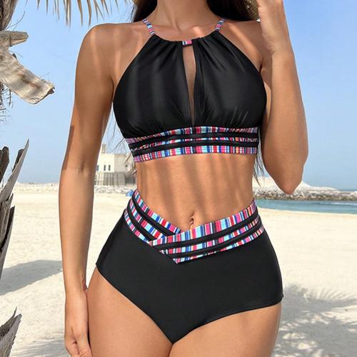 Polyester Tankinis Set backless & two piece printed Solid black Set