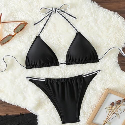 Polyester Bikini flexible & two piece Solid black Set
