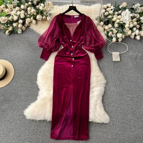 Polyester Waist-controlled & front slit One-piece Dress & breathable Solid fuchsia PC