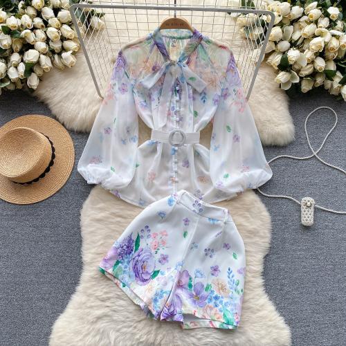 Polyester Wide Leg Trousers Women Casual Set & two piece short pants & top shivering white Set