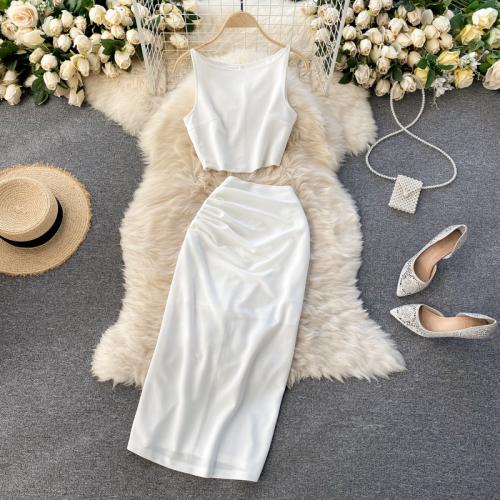 Polyester Women Casual Set & two piece tank top & skirt Solid Set