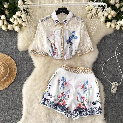 Polyester Wide Leg Trousers Women Casual Set & two piece short pants & top printed white Set