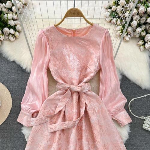 Polyester Slim & High Waist One-piece Dress jacquard pink PC