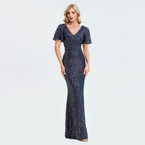 Sequin & Polyester scallop & Slim & Mermaid Long Evening Dress patchwork Solid deep blue PC