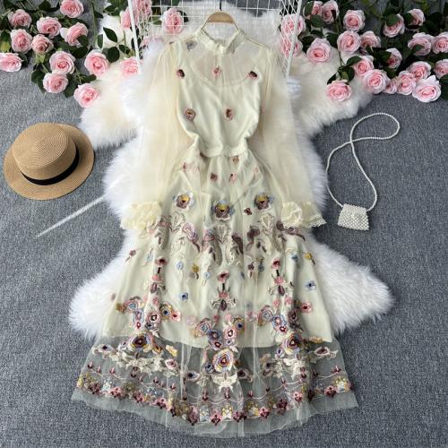 Polyester One-piece Dress see through look & double layer printed shivering Apricot PC