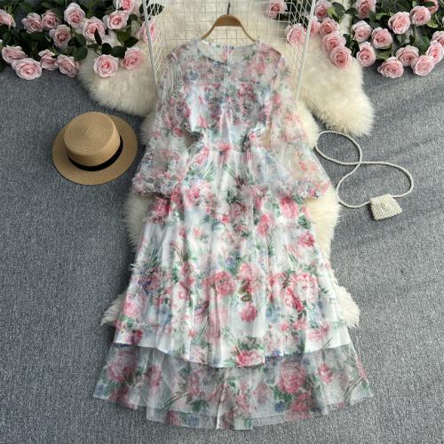 Gauze & Polyester One-piece Dress slimming & double layer & breathable printed shivering white PC
