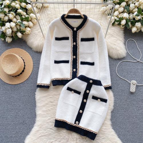 Polyester Sheath Two-Piece Dress Set & two piece & thermal Solid white Set