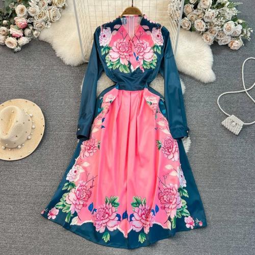 Polyester Waist-controlled & long style One-piece Dress printed floral pink PC