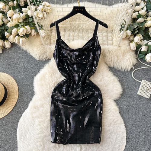 Sequin & Polyester Waist-controlled Sexy Package Hip Dresses backless & off shoulder Solid PC