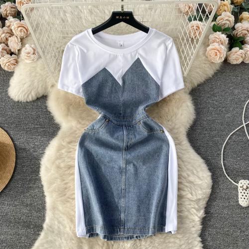 Denim & Polyester High Waist Sexy Package Hip Dresses fake two piece & breathable patchwork Solid : PC