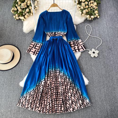 Polyester Soft & Slim One-piece Dress slimming printed Solid blue : PC