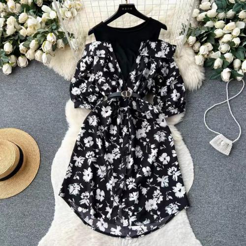 Polyester Waist-controlled One-piece Dress fake two piece & off shoulder printed : PC