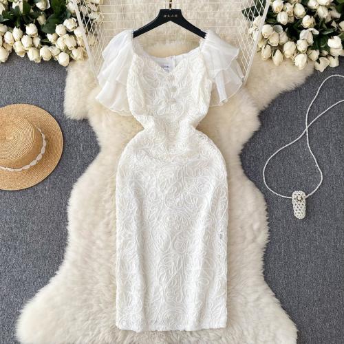 Polyester Waist-controlled One-piece Dress back split & breathable crochet Solid white PC