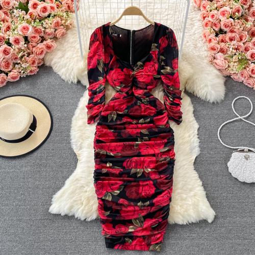 Polyester Waist-controlled Sexy Package Hip Dresses deep V & breathable printed red PC