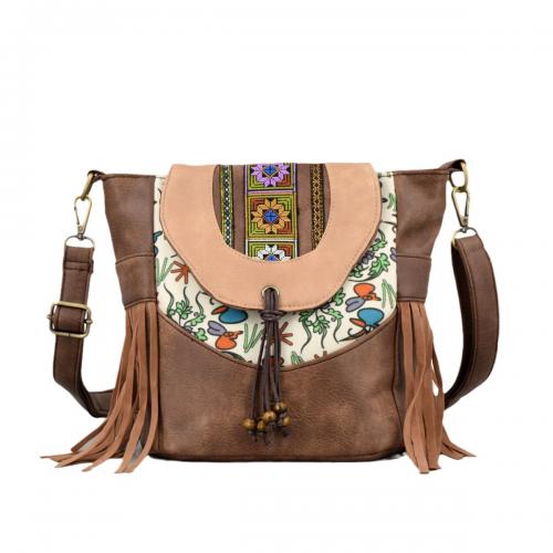 PU Leather & Canvas & Polyester hard-surface & Easy Matching Crossbody Bag contrast color & large capacity & embroidered floral brown PC