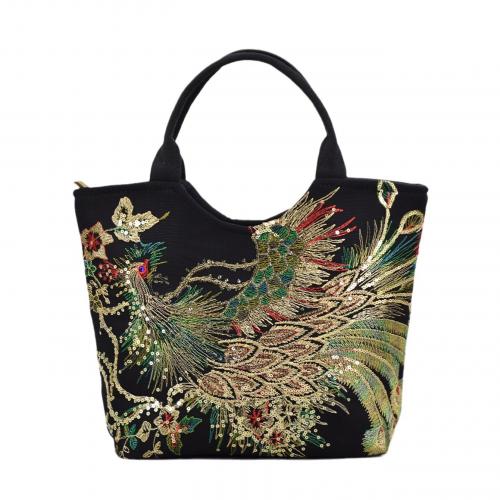 Canvas & Polyester Easy Matching & Vintage Handbag large capacity & soft surface & embroidered bird pattern PC