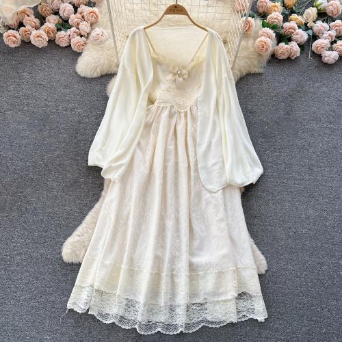 Mixed Fabric One-piece Dress double layer & two piece & hollow Solid Apricot : PC