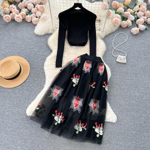 Polyester Two-Piece Dress Set double layer & two piece & breathable printed black Set